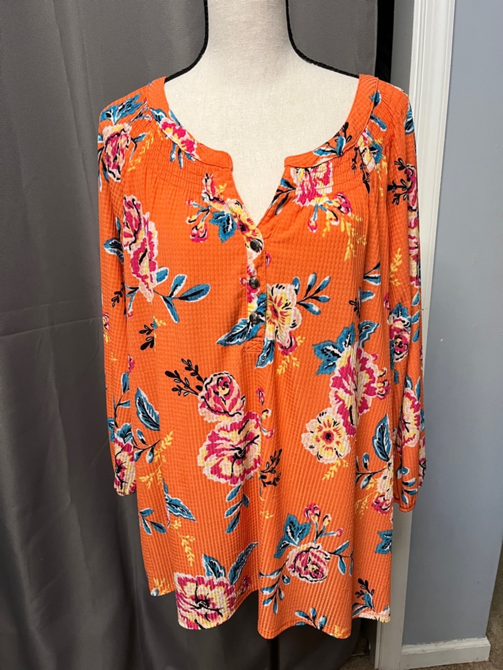 Floral Orange Henley Tunic Top